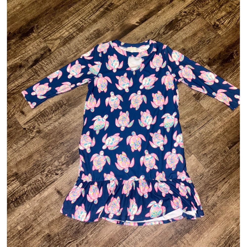 Simply Southern Navy Pink Turtle Print Ruffle Hem Keyhole Dress Small LS
